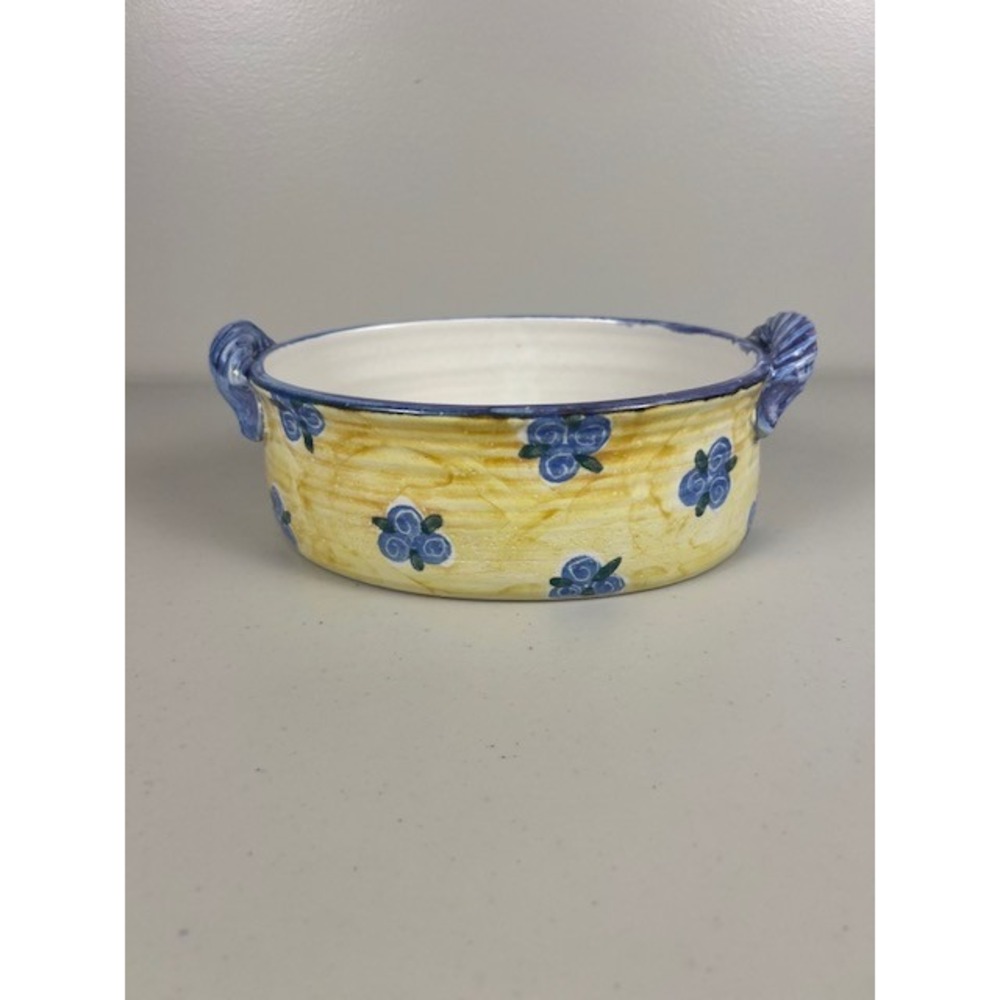 Hand Painted Yellow Blue Floral Ceramic Oval Serving Bowl Handles 10in Signed